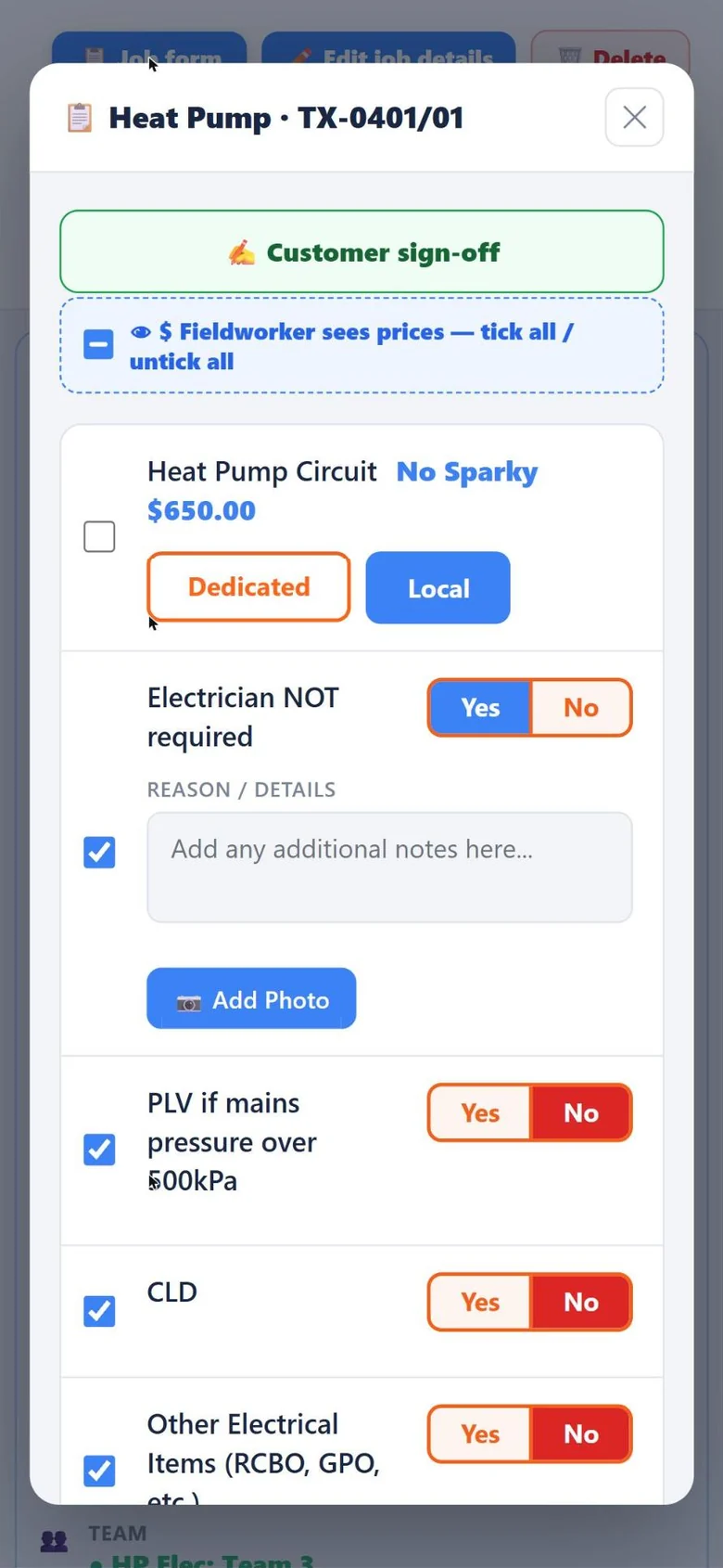 A TradiX job form open on a phone
