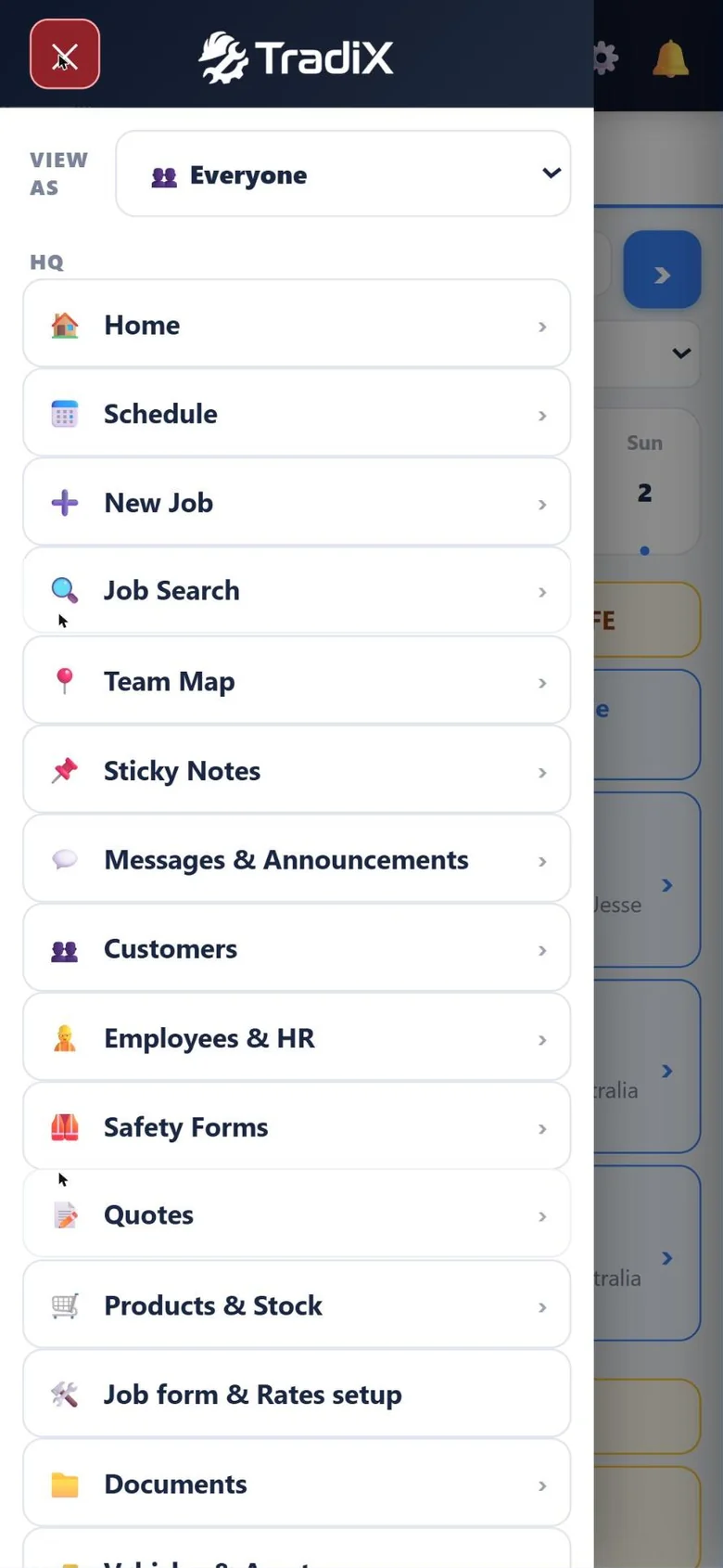 The TradiX worker menu on a phone