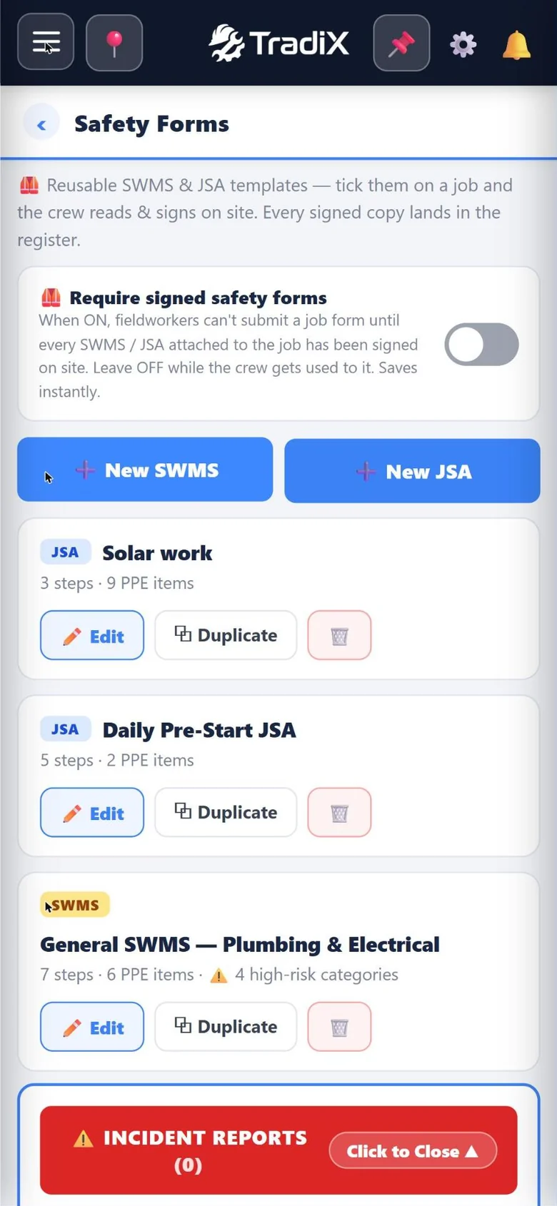SWMS and JSA, signed on site