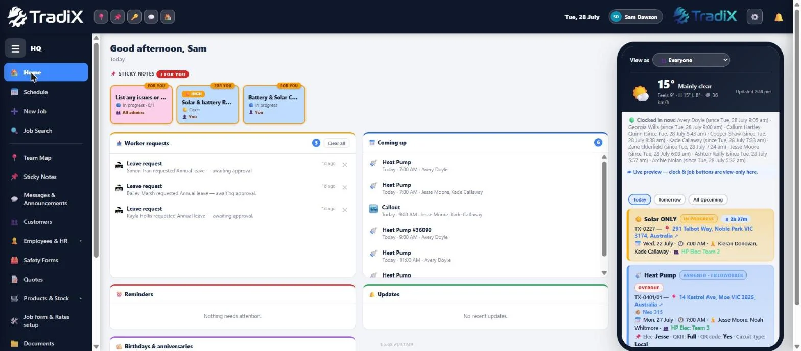 The TradiX admin home screen on desktop